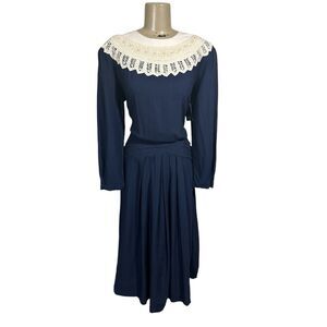 Vintage 80s Kathy Lee Victorian Style Modest Maxi Dress Sz 12 Prairie Navy Blue
